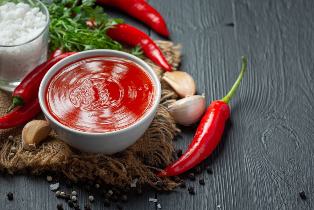 chilli pepper with red sauce in a white ramekin and other ingredient in the background